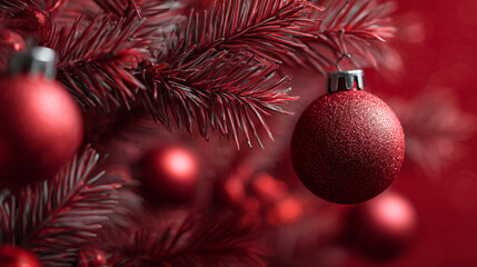 Single Red Glitter Christmas Ornament Hanging on a Fir Branch