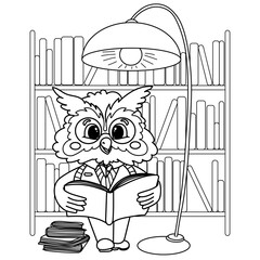Vector illustration children's coloring book about professions. Linear owl librarian