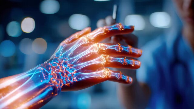 Medical professional examining a transparent hand X-ray with glowing joints, illustrating orthopedic diagnostics, healthcare technology, and bone health