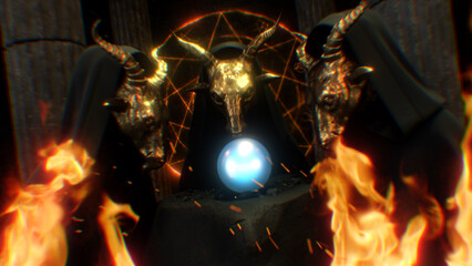 Hooded Figures Wearing Golden Goat Masks Stood at a Magical Altar