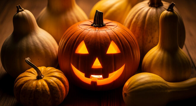 Lit jack-o'-lantern among gourds, creating a spooky yet festive Halloween scene.  Warm light and autumnal colors evoke Halloween traditions - Powered by Adobe