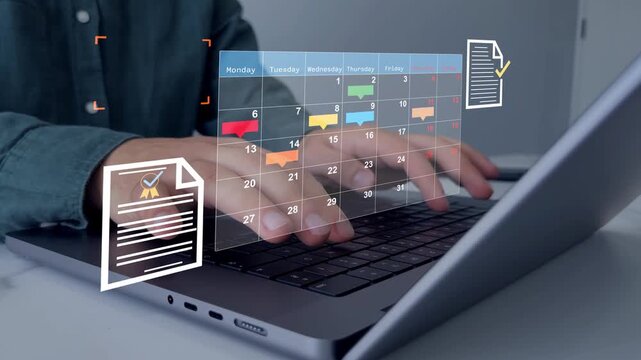 Project manager updating tasks and milestones progress planning with calendar interface for company.Business Project Management System.	