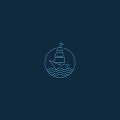 Ship and wave line art logo symbolizing journey and ocean adventure.
