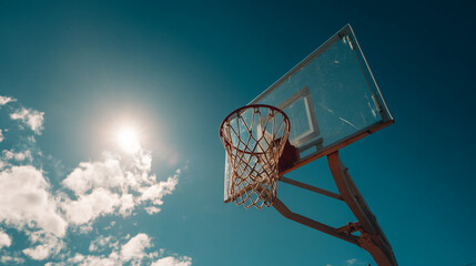 Basketball hoop and net against a bright blue sky with sun