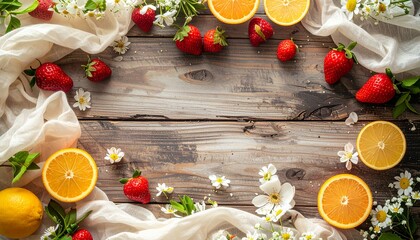 素朴な木製背景の上に、春を感じさせる素材を縁に配置したフラットレイ。
中央には広告や文字配置に適した広い余白を確保。
柔らかな自然光が全体を均一に照らしている。