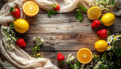 素朴な木製背景の上に、春を感じさせる素材を縁に配置したフラットレイ。
中央には広告や文字配置に適した広い余白を確保。
柔らかな自然光が全体を均一に照らしている。