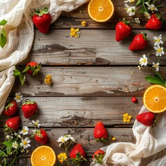 素朴な木製背景の上に、春を感じさせる素材を縁に配置したフラットレイ。
中央には広告や文字配置に適した広い余白を確保。
柔らかな自然光が全体を均一に照らしている。