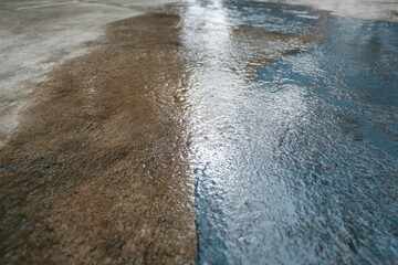 Partially wet concrete surface showing drying patches that create a natural two-tone pattern. Damp industrial texture background.