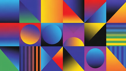 A vibrant and colorful abstract geometric pattern composed of various shapes and hues