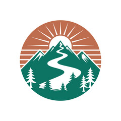 Vintage mountain landscape with sun and river