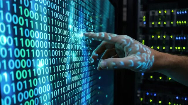 Hand interacting with digital binary code. Futuristic digital interaction with binary code.