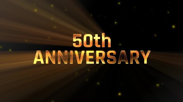 Metallic gold 50th anniversary text animation featuring radiant light rays and glowing golden particles on a black gradient background. Elegant celebration video ideal for golden jubilee events.