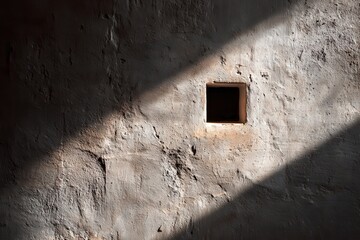 Atmospheric raw cement wall texture displaying the shadow of a window frame projected by afternoon light. Urban interior background concept.