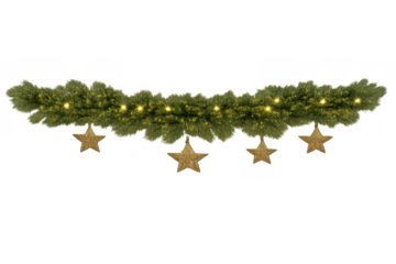 Christmas spruce garland decorating with golden stars and glowing fairy lights on transparent background