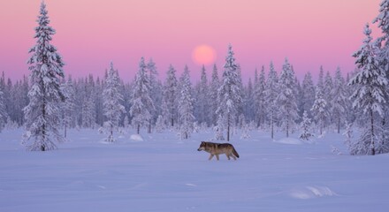 Wild Wolf Walking in Snowy Forest at Sunset with Pink Sky