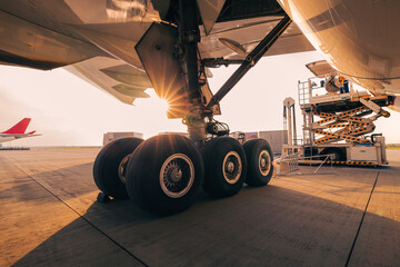 Landing gear of large plane. Preparation of cargo airplane before flight at airport. Unloading and loading of freight containers at sunset.