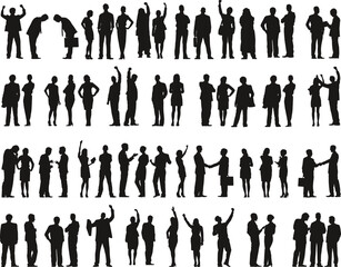 Set of black vector silhouettes featuring a group of business people, men, and women walking in a professional crowd