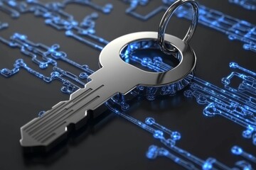 Digital Security Concept A Key on a Circuit Board Symbolizing Access to Financial Data Protection