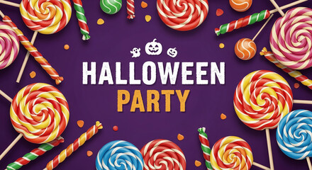 Colorful lollipops and candies surround "Halloween Party" text on purple background, creating a festive and sweet invitation design, ideal for party promotion
