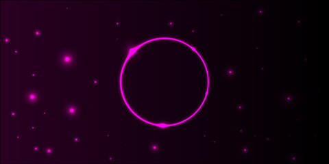 Dark scene with large pink and blue gradient neon ring. Technology blue circle light stage on black background. Modern abstract neon glowing lines background. Glowing trail effect on transparent bg. 