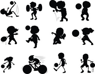 Set of black vector silhouettes featuring basketball players, diverse people, and children playing sport icons as a business pictogram illustration