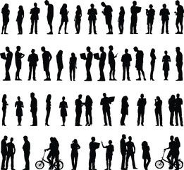 Vector illustration set featuring black silhouettes of a diverse business team, fashion models, and a family group with men, women, and children in various walking poses