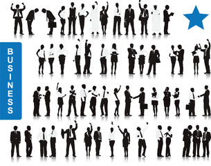 A collection of business people silhouettes and professional vector outlines featuring a diverse team of men, women, and a walking businessman in suits