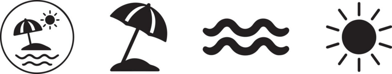 Beach umbrella with sun and sea silhouette icon set for summer, travel, vacation designs.