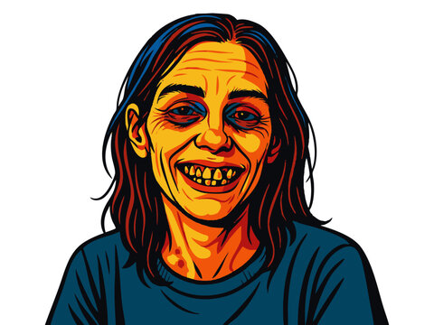 hardened drug addict woman visibly damaged by years of drug use. Generative ai vector colorful pop art illustration.