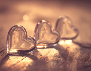 three transparent glass hearts on wooden table