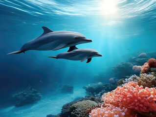 Obraz premium Dolphin ocean coral underwater sunlight marine aquatic tropical wildlife nature swim peacefully in clear blue sea above vibrant coral reef