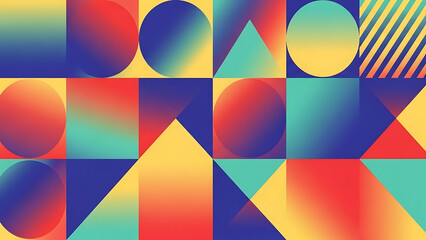A vibrant and colorful abstract geometric pattern composed of various shapes