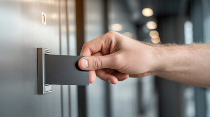 Man inserts access card into locker slot in modern hallway