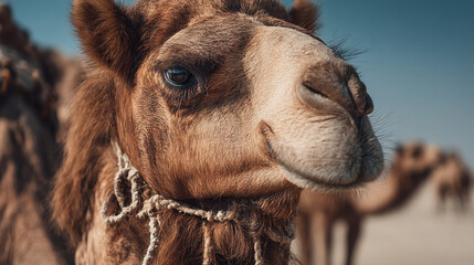 Camel's head close up with ornate saddle and blurred background