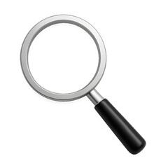 A realistic depiction of a silver and black magnifying glass angled slightly on transparent background