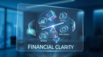 Financial clarity concept with stocks, crypto, and real estate icons
