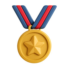 A detailed 3d rendering of a golden star medal with blue and red ribbons isolated on transparent background