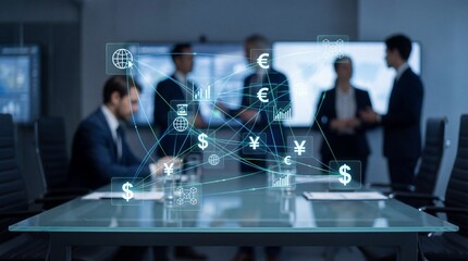 Business professionals discussing global finance in modern office