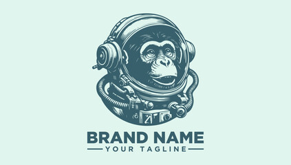 A vector illustration of a monkey in a space helmet with a brand name and tagline on a light green background, featuring a logo and pictogram design. © bisma
