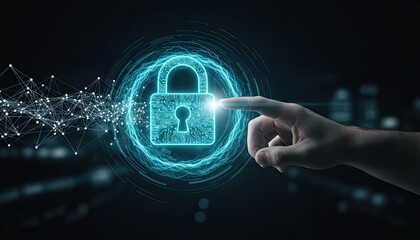 Cybersecurity Touch: A digital hand interacts with a glowing padlock, symbolizing secure access, data protection, and technological safeguarding in a futuristic cyber landscape.