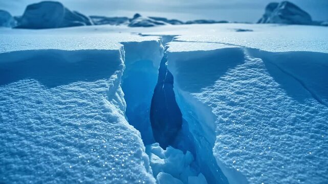 A deep crevasse in a vast expanse of ice with rugged texture and blue color, stretching into the distance with a hint of gray sky