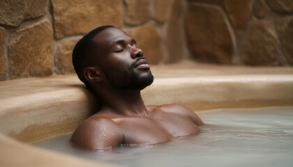 Man in mineral water bath at spa, relaxation and wellness therapy for tension relief