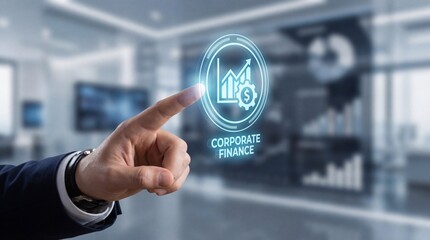 Businessman interacting with corporate finance interface in modern office