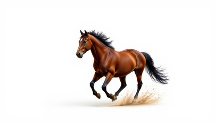Fototapeta premium Bay horse running fast with black mane and tail kicking up dust on white background