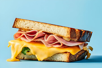 Delicious Ham and Cheese Melt Sandwich on Blue Background
