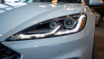 Modern luxury white sport car headlight close up with sleek design and LED lighting, reflecting elegance and advanced automotive technology