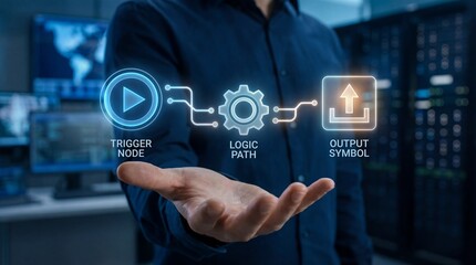 Businessman interacting with futuristic technology interface in modern office