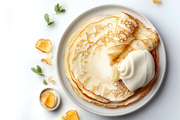 Delicious French Crepes with Cream Top View Isolated on White
