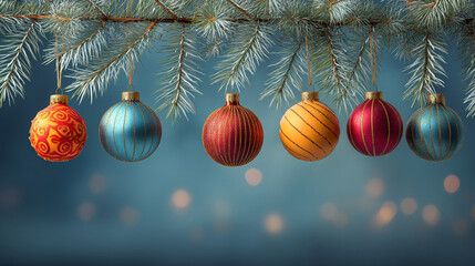 Colorful Christmas Ornaments Hanging on a Fir Branch with Bokeh Lights