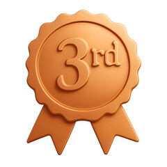 A realistic 3d rendered bronze medal with a ribbon displaying a 3rd inscription on transparent background